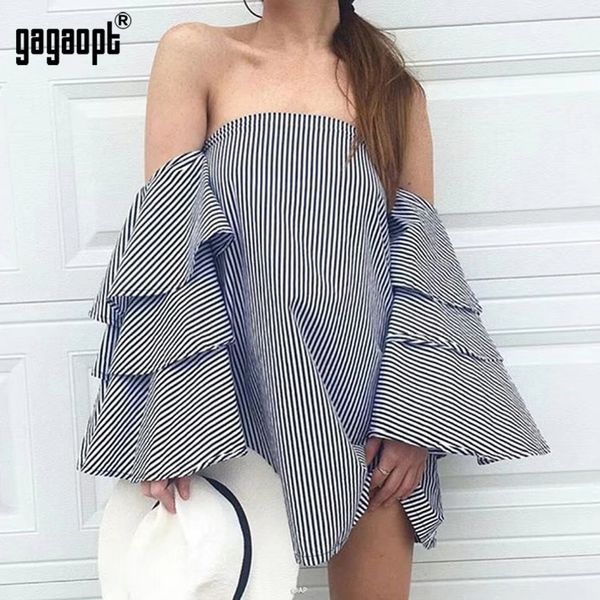 

gagaopt summer dress women strapless striped off the shoulder flare sleeve vestidos, White;black