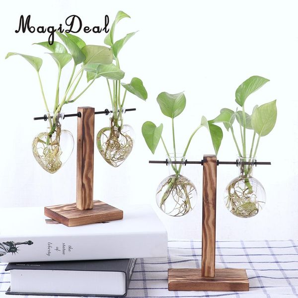 

magideal modern glass vase with wooden stand heart ball shape hydroponic flower vase terrarium container