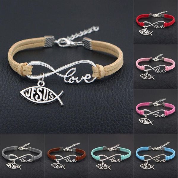 Gioielli di moda Argento antico Donna Pesce GESÙ Dio Braccialetto di fascino Gioielli Corda di velluto misto Infinity Love 8 Braccialetti Bijoux Regalo donna A7