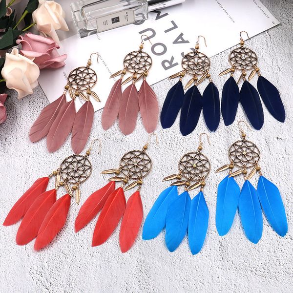 

new fashion dream catcher hollow out vintage feather dangle earrings for women bohemian tassel earrings jewelry, Silver