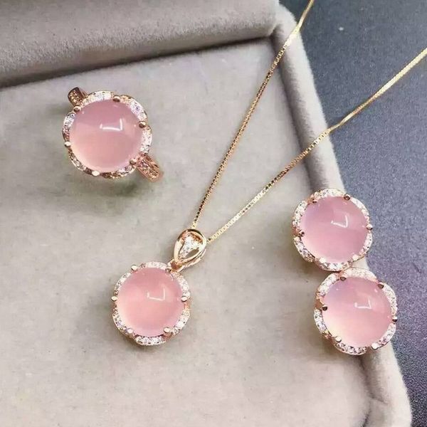 

fidelity natural chalcedony s925 sterling silver jewelry sets natural pink gemstone earring rings pendant fine jewelry for women, Black