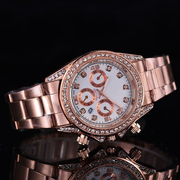 

2018 Лучшие продажи высокого качества, элегантный Люксовый бренд Модный дизайнер Женские золотые часы Автоматический календарь из нержавеющей стали с бриллиантами для женщин