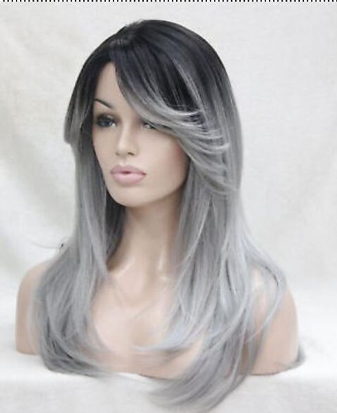 

root with grey mix high-quality heat ok long straight skin wig, Black;brown