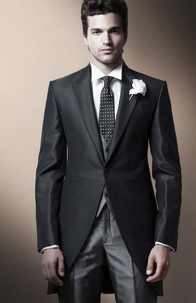 

-- new design peaked lapel morning style tailcoat men party groomsmen suits in wedding tuxedos (jacket+pants+tie+vest) no;288, Black;gray