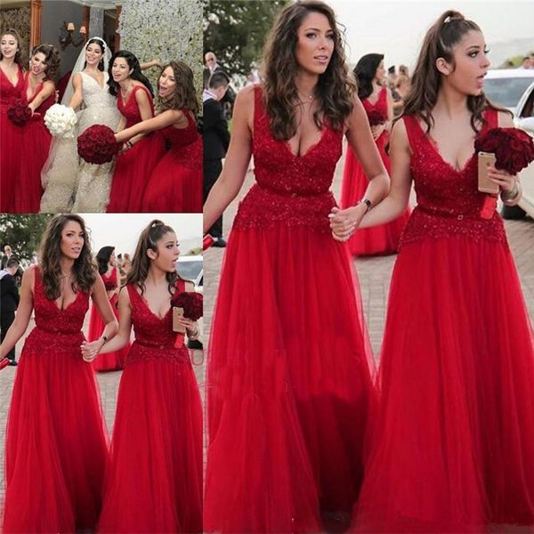 

Cheap V-neck Beads Appliques Red Bridesmaid Dresses Sexy Long Maid of Honor Dresses Long Prom Party Wear