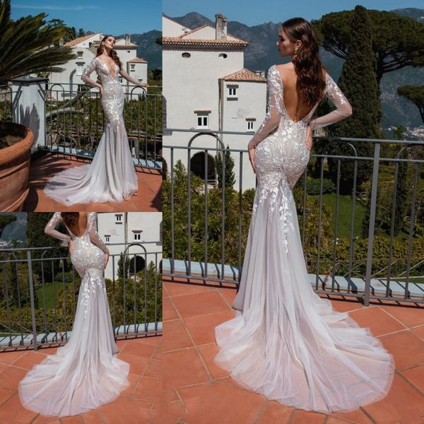 

2020 lace wedding dresses mermaid poet short sleeve deep v-neck 3d-floral appliques bridal gowns sweep train wedding dress, White