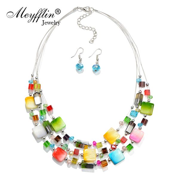 

fashion jewelry sets bohemian crystal beads multi layer statement necklace earrings set wedding parure bijoux femme costume, Silver