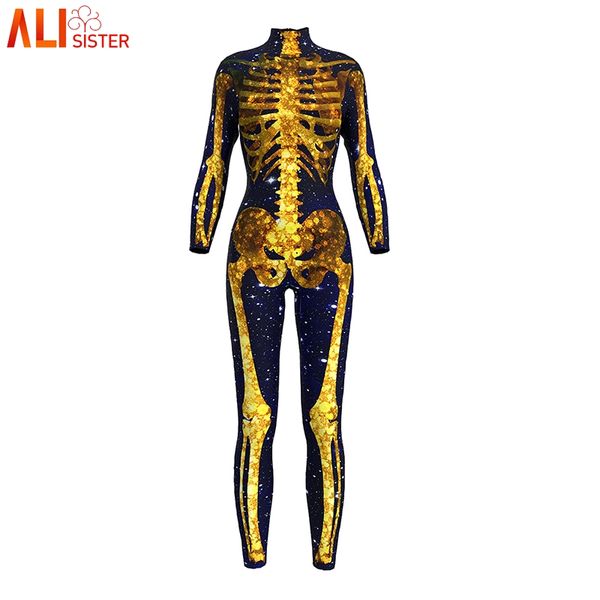 

alisister women bodysuit black golden skull skeleton printed jumpsuits one piece body suits halloween cosplay dropship, Black;white