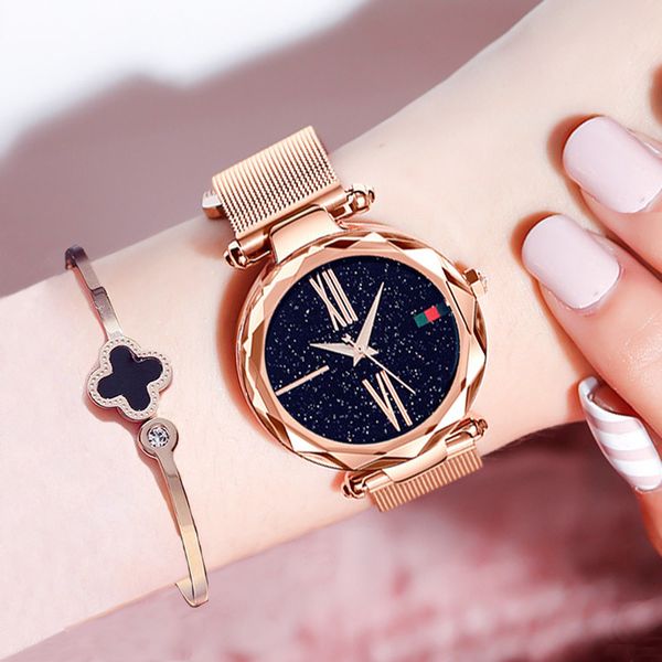 

luxury rose gold women watches minimalism starry sky magnet buckle fashion casual female wristwatch waterproof roman numeral, Slivery;brown