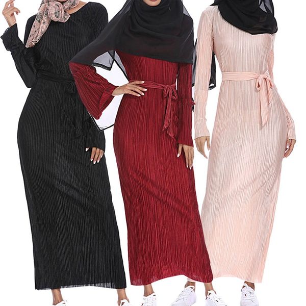 

muslim wrinkled pencil skirt maxi dress trumpet sleeve abaya long robes tunic middle east ramadan arab islamic clothing, Red