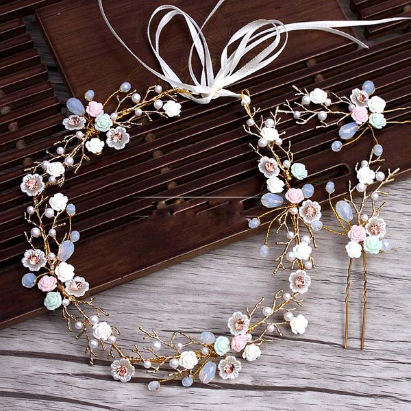

golden branches ceramic flower headband hairpins suit wedding tiara hair decoration for brides wedding hair accessories, Golden;white