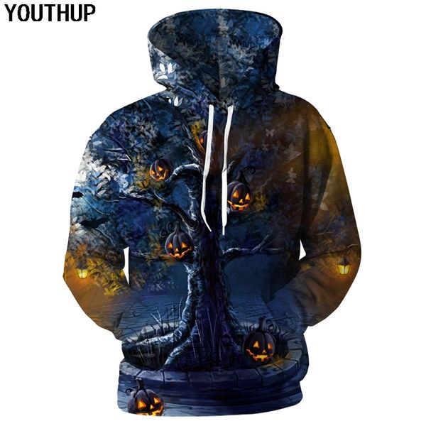 

youthup 2018 halloween 3d hoodies men pumpkin tree print hooded hoodies women funny sweatshirts men 3d pullover streetwear 5xl, Black