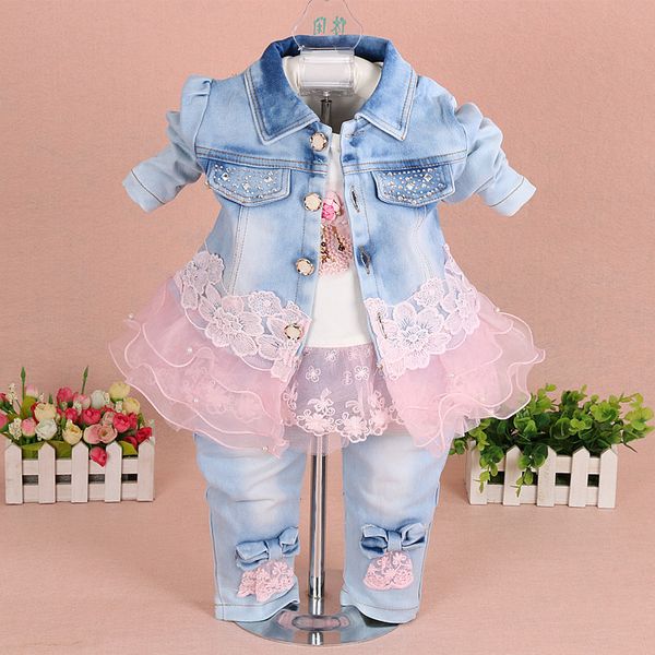 

Lovely Spring Baby Girls Clothing Set 3 pcs/set Denim Jacket T shirt Pants Baby Girl Clothes Princess Lace Kids Clothes Sets