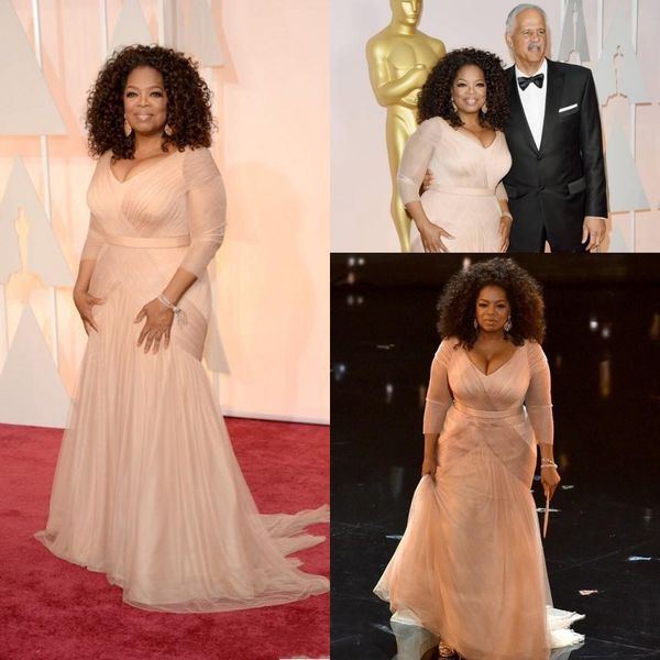 2018 Oprah Winfrey Oscar Promi-Mütterkleider in Übergröße, Etui-Tüll mit V-Ausschnitt und langen Ärmeln, drapierte Schleppe, Hochzeitsgästekleider
