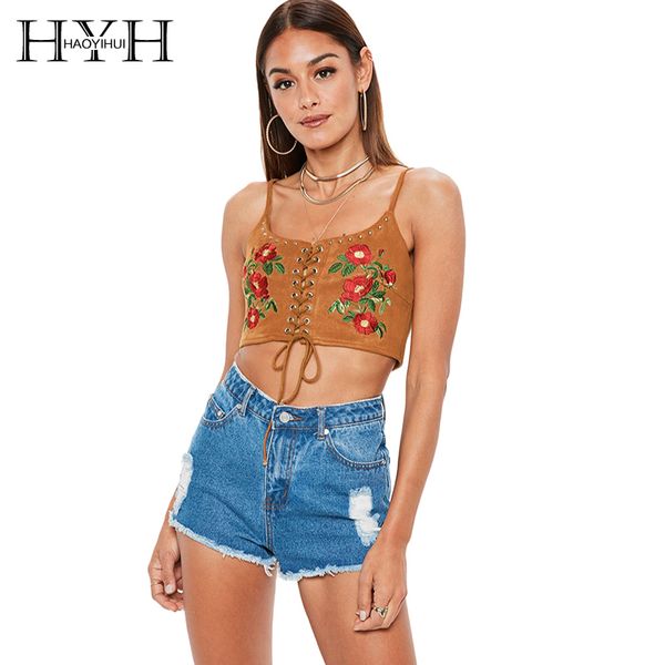 

hyh haoyihui women bohemian floral embroidery chamois crop cami spaghetti strap zipper back bandage tanks cami, White