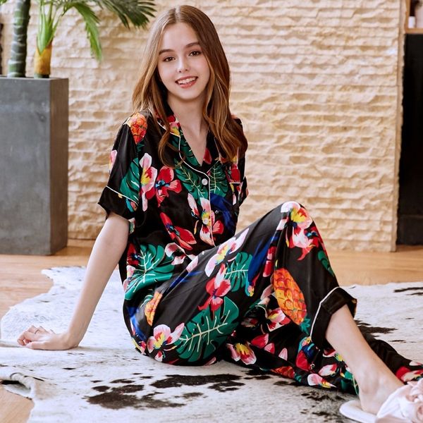 

summer print pyjamas women short sleeve pants two-piece set1, Black;red