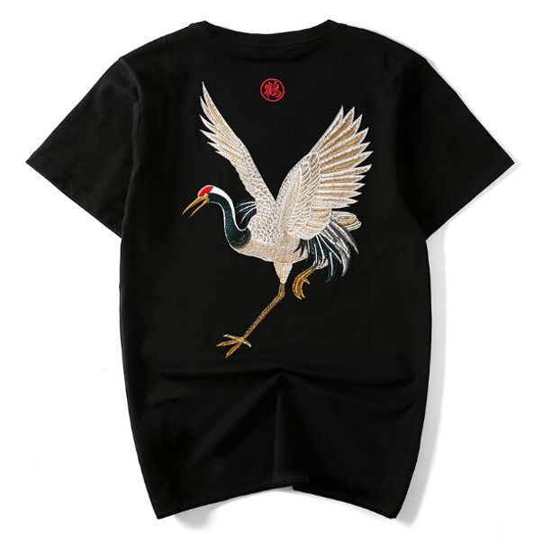 

Mens Casual Red-crowned Crane Embroidery Print T-shirt Women Clothes Summer Short Sleeved Brand Tees Lovers Cotton Tshirt