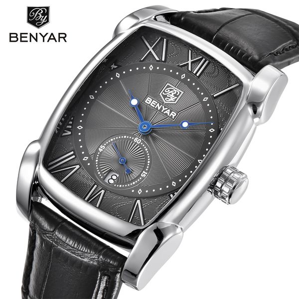 

2018 men's watch benyar brand fashion luxury quartz watch automatic date waterproof clock leather men sports zegarek meski, Slivery;brown