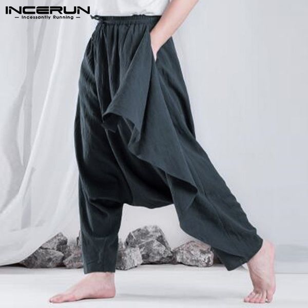 

incerun men harem pants elastic waist pockets vintage loose pants irregular hip-hop drop crotch trousers men pantalon hombre 5xl, Black