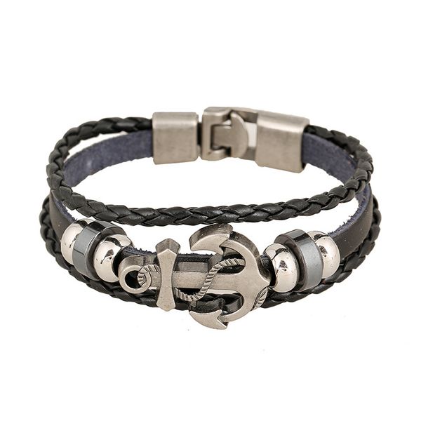 

multilayer vintage anchor alloy leather bracelet men casual personality pu woven beaded bracelet punk style women fashion jewelry wholesale, Golden;silver