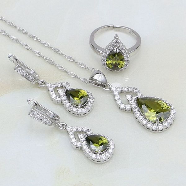 

olive green cubic zirconia white cz 925 sterling silver jewelry sets for women adjustable open ring/earrings/pendant/necklace, Slivery;golden