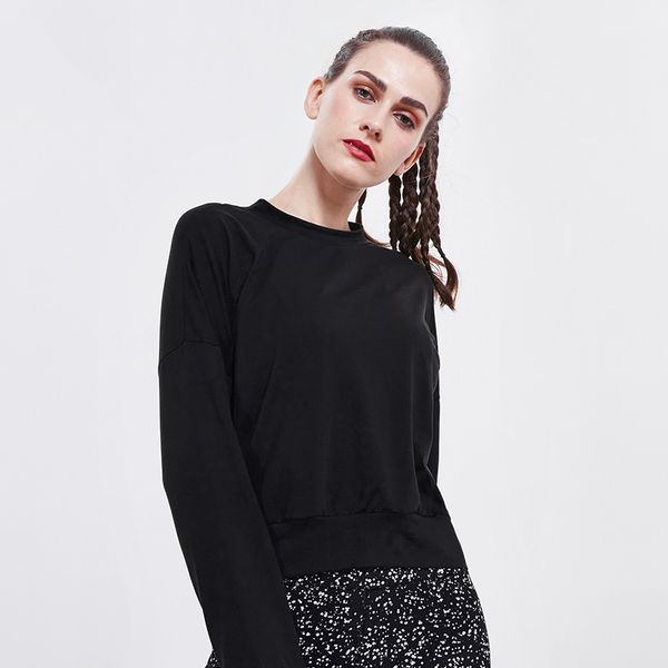 

women's loose slim long sleeve sports round neck fitness yoga autumn winter training outdoor solid color sweatshirt, Black;red