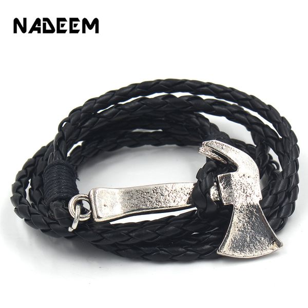 

new punk hop hop design black coffee leather bracelet vintage retro hammer axe hatchet charm multilayers bracelet for men women