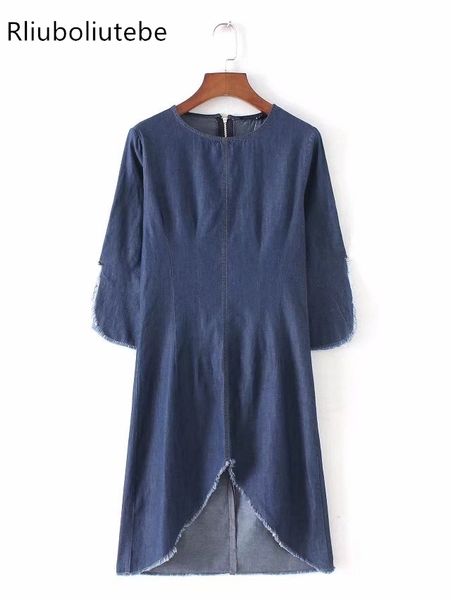 

2018 women mini jeans dress vintage denim dress asymmetry three quarter o neck tassel back zipper summer spring retro vestido, White;black