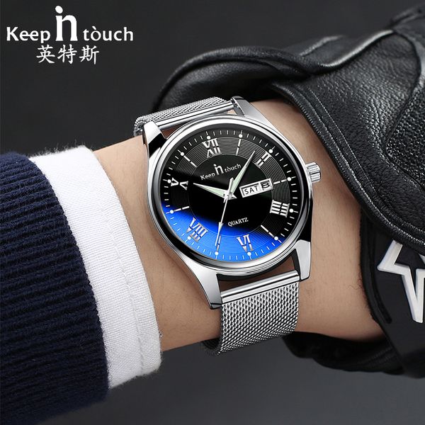 

keep in touch mens quartz watches calendar waterproof luminous men watch stainless steel relojes hombre 2018, Slivery;brown