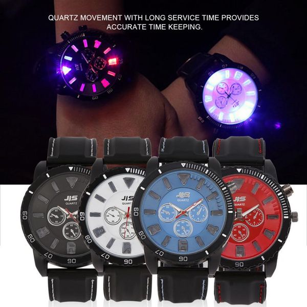 

led flash 4 types fashionable male female analog quartz watch silicone band alloy case round wristwatch, Slivery;brown