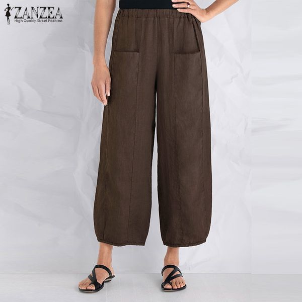 

plus size zanzea women summer elastic waist solid loose cotton linen harem pants casual pockets wide leg trousers work pantalon, Black;white