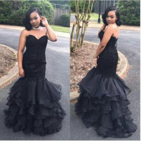 

Black evening dre e weetheart leevele mermaid prom gown back lace up tiered ruffle floor length cu tom made formal party gown