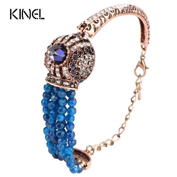 

kinel natural stone bracelet vintage crystal antique bracelets for women gold color party christmas gift turkish jewelry, Black