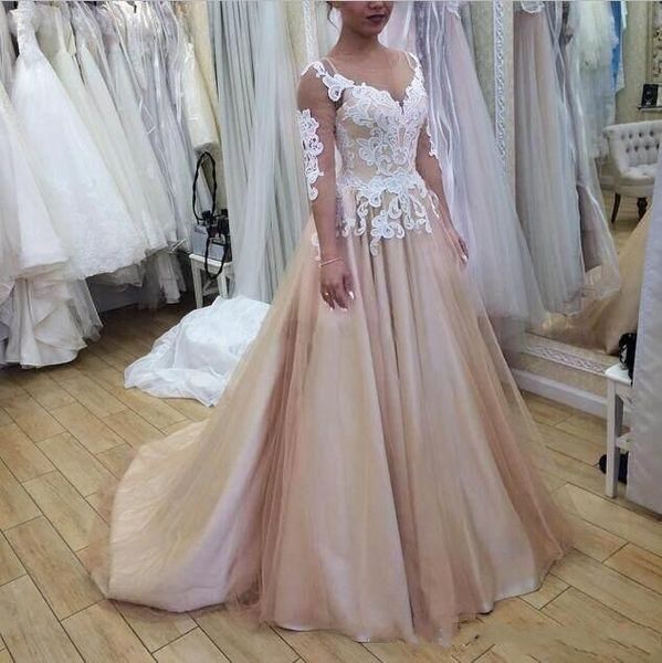 

Hot Seller Lace Tulle Satin Prom Dresses 2018 Fashion 3/4 Long Sleeves Elegant Evening Dresses Sexy V Back Formal Gown