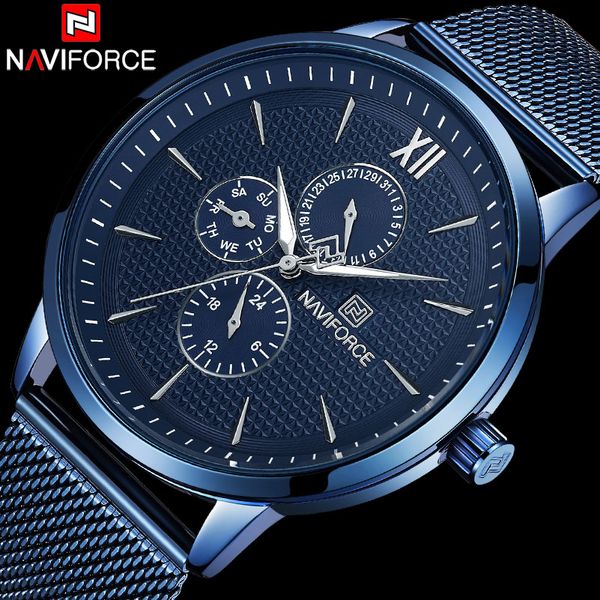 

naviforce simple analog quartz watch men waterproof sport watches man mesh band blue clock 24 hour relogio masculino 3003, Slivery;brown