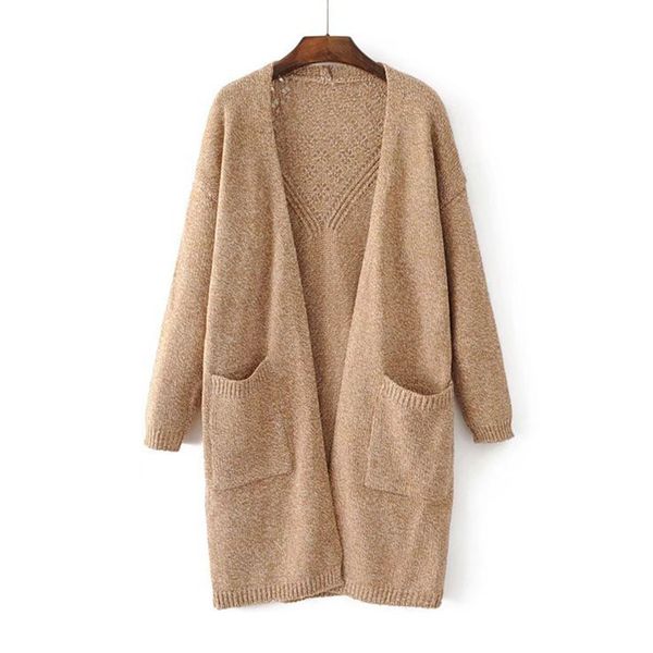

2018 autumn winter new solid color sweater fashion sweater in the long paragraph large pocket back hollow cardigan cj0386, Black;brown