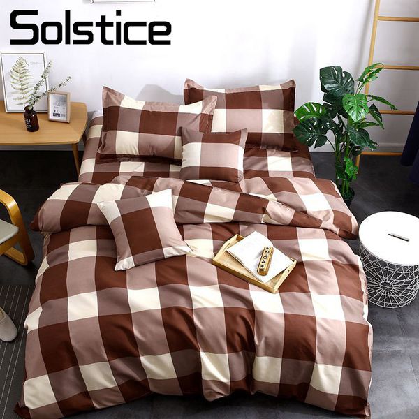 

solstice home textile 3-4pcs full bedlinen boy teen girls bedding set plaid lattice brown duvet cover pillowcase bed sheet