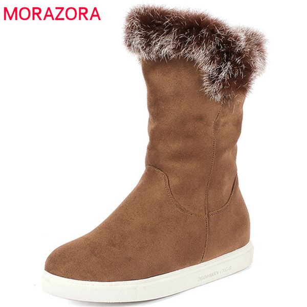 

morazora 2018 new fashion keep warm winter snow boots women round toe flock ankle boots comfortable flat shoes woman antiskid, Black