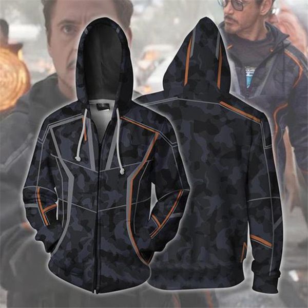 

man 3 infinity war iron man tony stark men cosplay costume autumn 3d printing zipper jacket hooded coat, Black