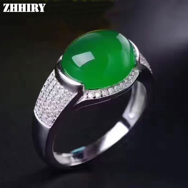 

zhhiry real natural green chalcedony ring genuine solid 925 sterling silver for woman big jade gemstone rings fine jewelry, Golden;silver