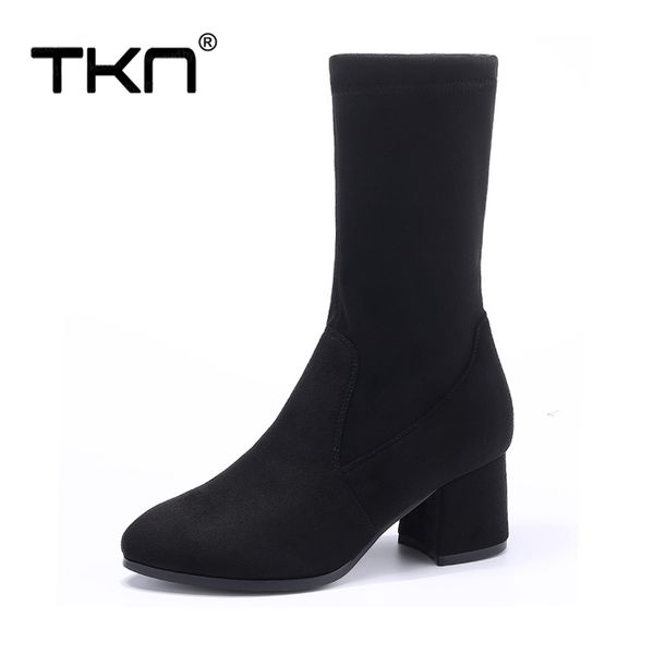 

tkn 2018 winter women boots women faux suede plush warm ankle boots high heel mid-calf pumn snow a8509, Black