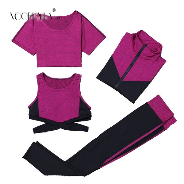 

voobuyla women 4pcs yoga running set quick dry breathable sport jacket+tshirt+bra+pants jogging set sport suit running tracksuit, Black;blue