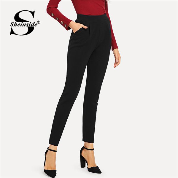 

sheinside black pocket side skinny pants office lady workwear 2018 autumn women fashion high waist trousers elastic womens pants, Black;white
