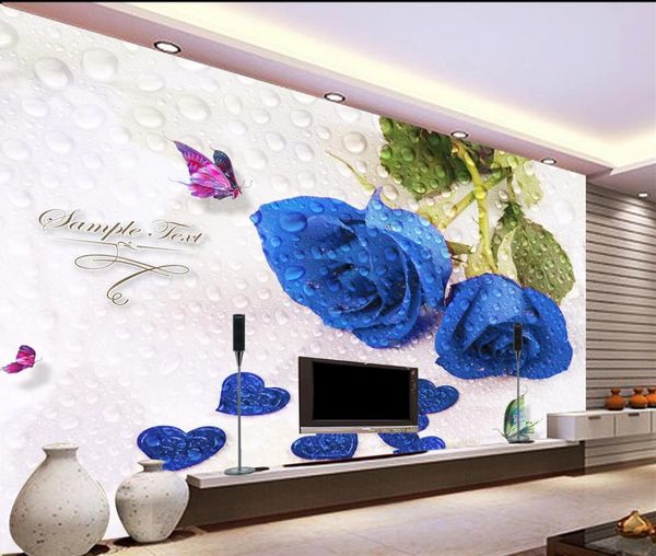 

custom 3d p wall paper dream tv setting wall blue roses flower butterfly drops