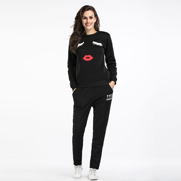 

european and american style two-piece long-sleeved suit 2018 autumn and winter fashion print sweater + casual pants suit, White