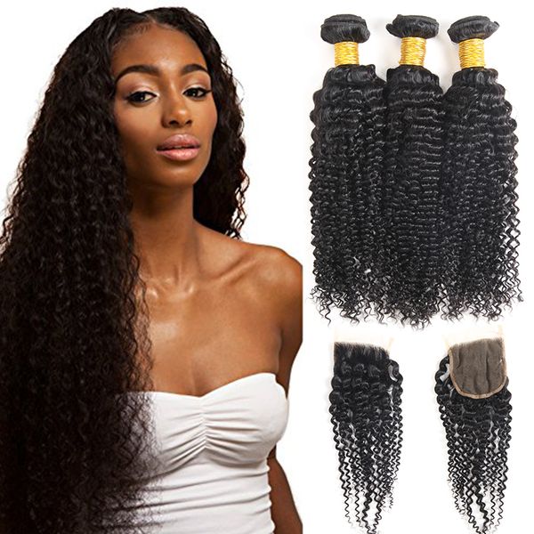 Лучшие продажи предметы Kinky Curly 3 пакета с закрытием сырой девственницы перуанской индийской Малайзии наращивание волос необработанные странные кудрявые человеческие волосы