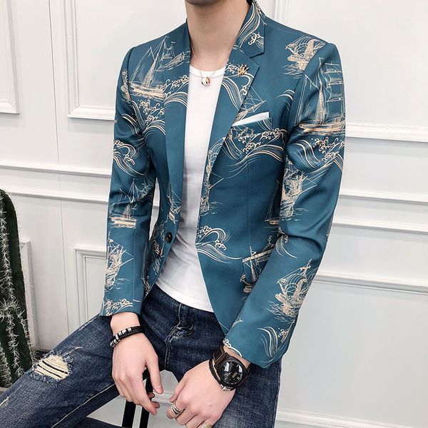 

2018 baroque blazers mens printed blazer masculino slim fit blue and gold blazer homme summer club outfits stage costumes casual, White;black