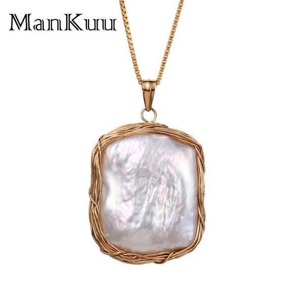 

mankuu natural white freshwater pearl necklace tag shape natural pearl 14k gold necklace unique baroque for women, Silver