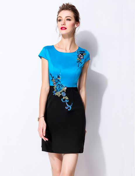 

color block women embroidery sheath dress short sleeve dresses 0217249, White;black