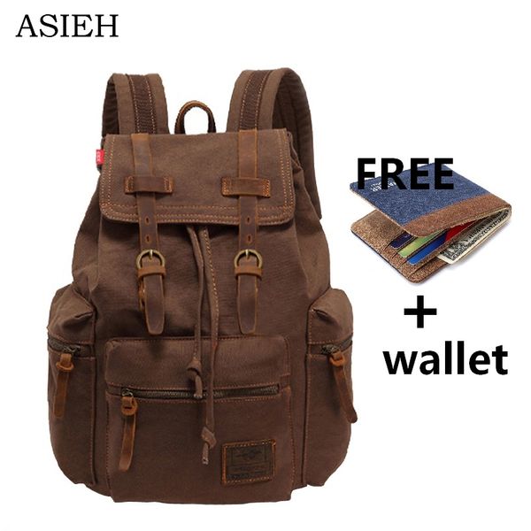 

brand vintage backpack khaki canvas backpack travel school bag lapbackpacks bag big travel man casual men